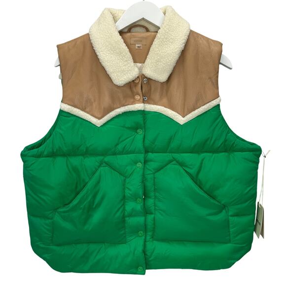 MOTHER Ol' West Puffer Vest Womens Size XL Bright Green Faux Leather Sherpa New - Picture 1 of 7